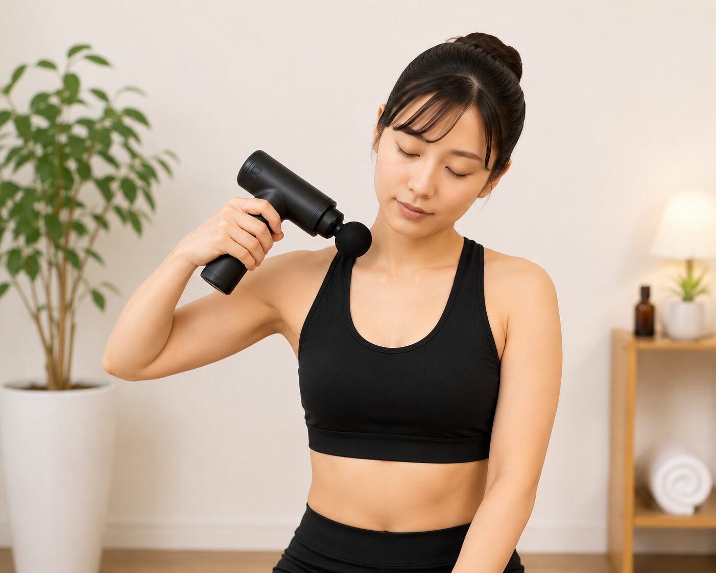 マッサージガンで肩をほぐす様子