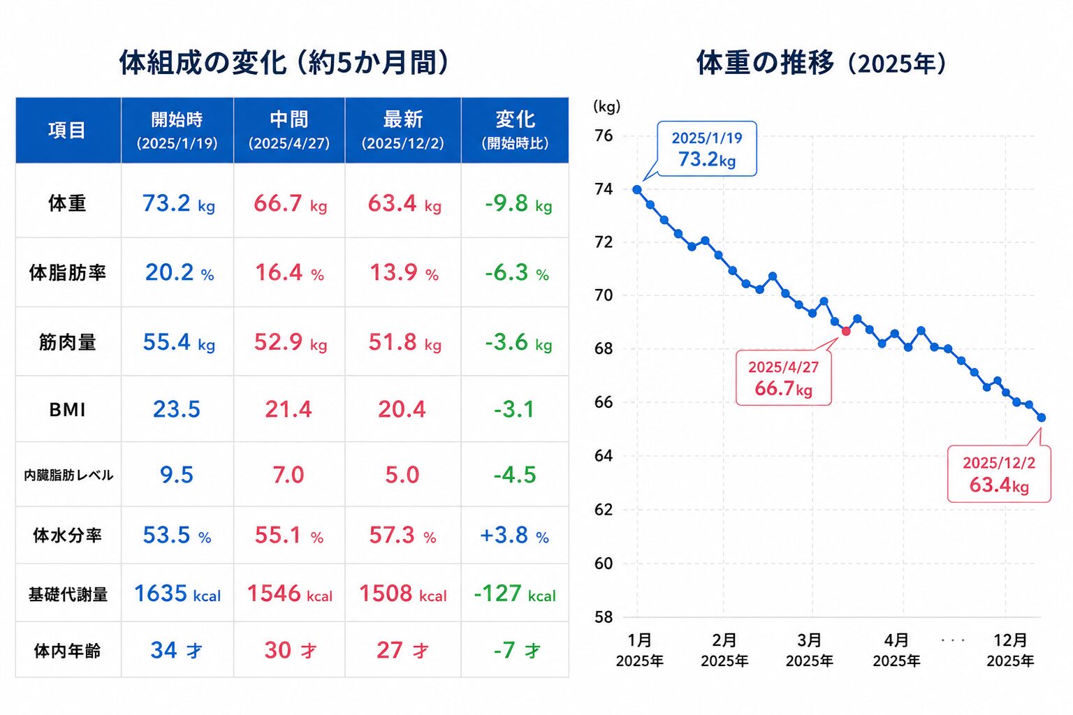 体組成の変化グラフ（約10か月半）：体重73.2kg→63.4kg、体脂肪率20.2%→13.9%