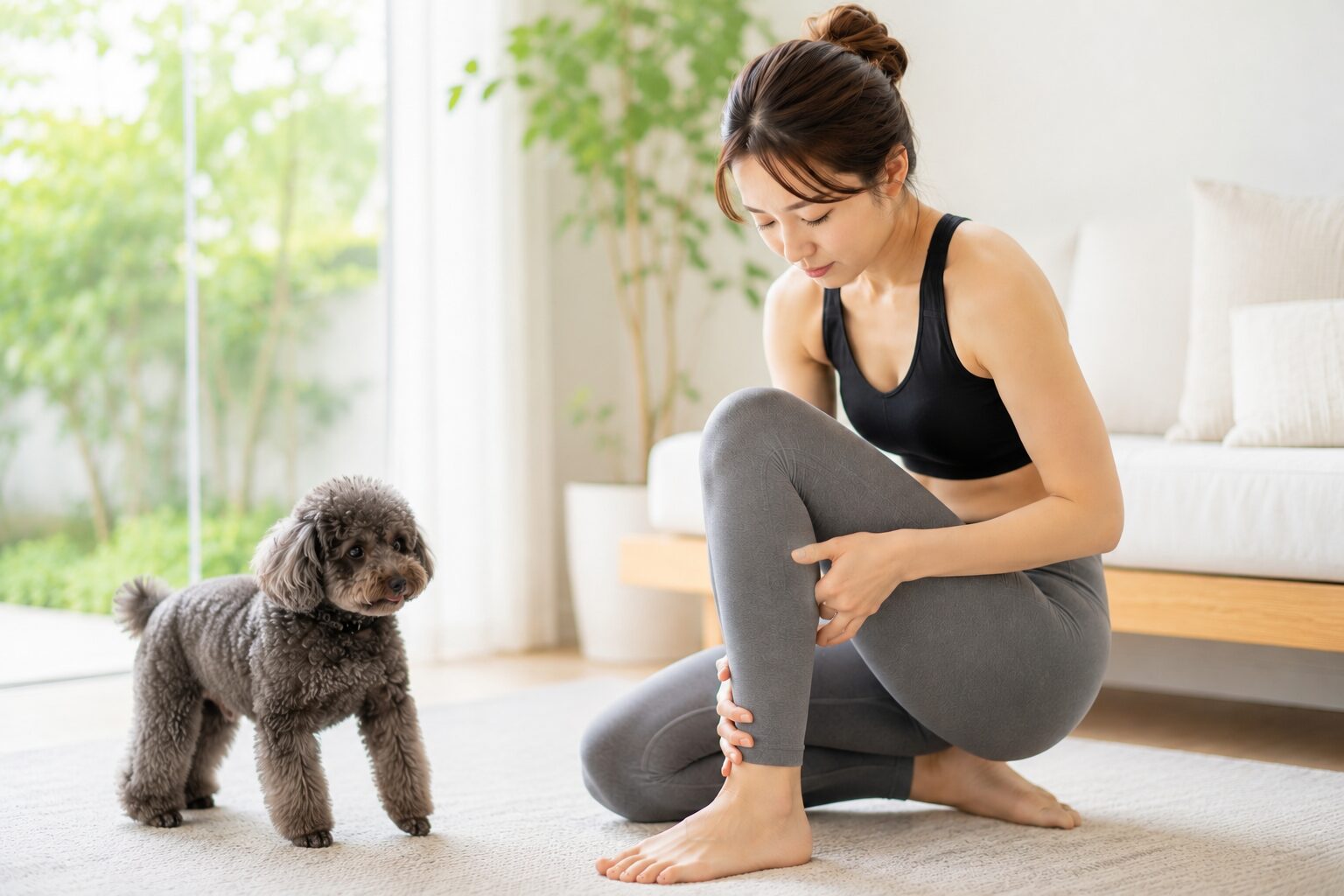 床に座った姿勢から立ち上がろうとして、膝から下に手を当てる女性と、そばに寄り添うトイプードル
