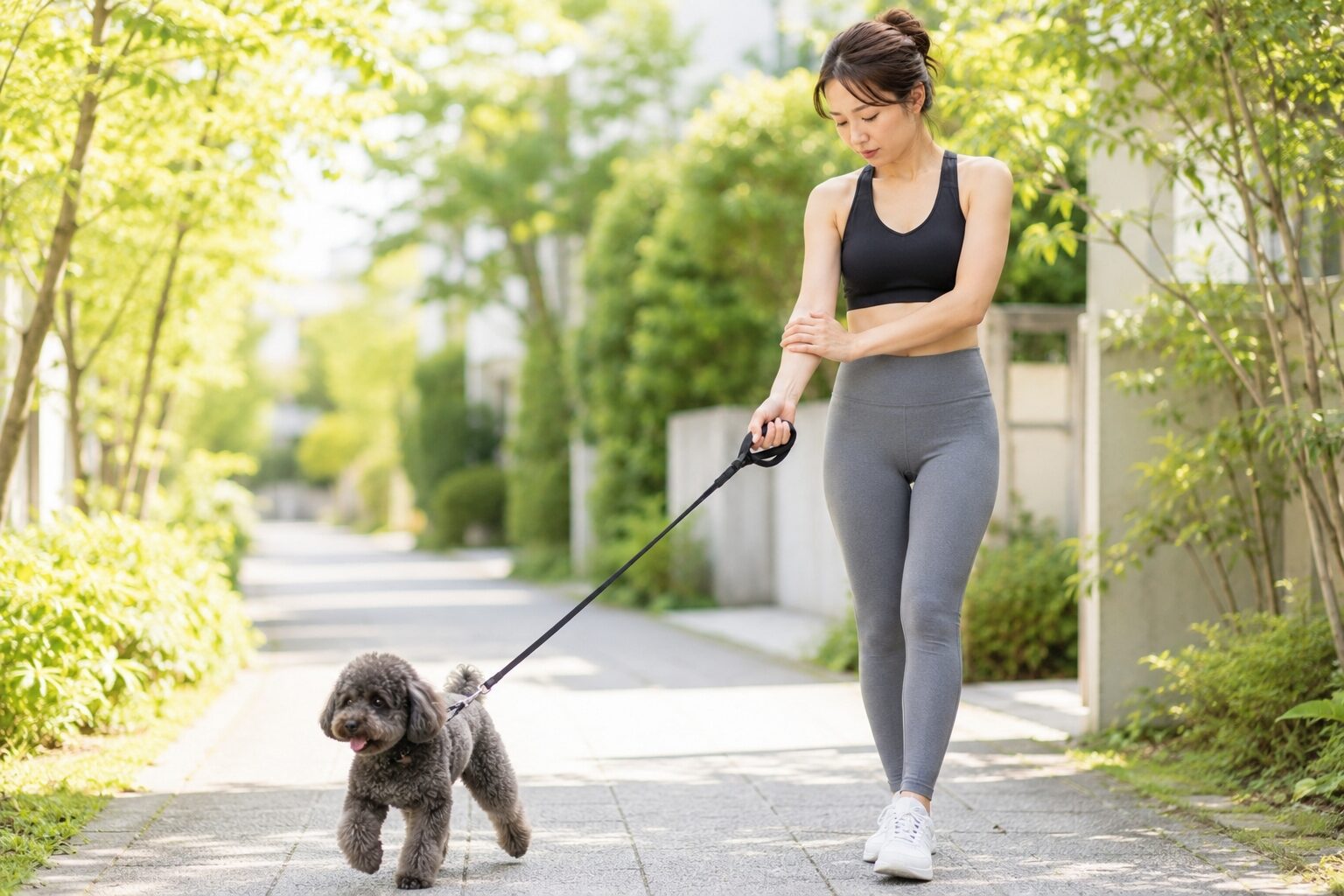 犬の散歩でリードを持つ手。手首の痛みと負担を考える記事のアイキャッチ